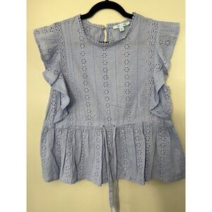 She & Sky Dusty Blue Eyelet Peplum Top W Drawstring Waist Size M
